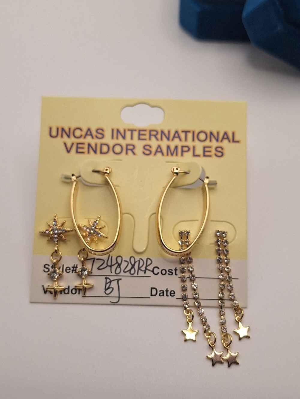 New Vendor Sample Gold Tone Rhinestone Celestial Star Earrings 3 Pair